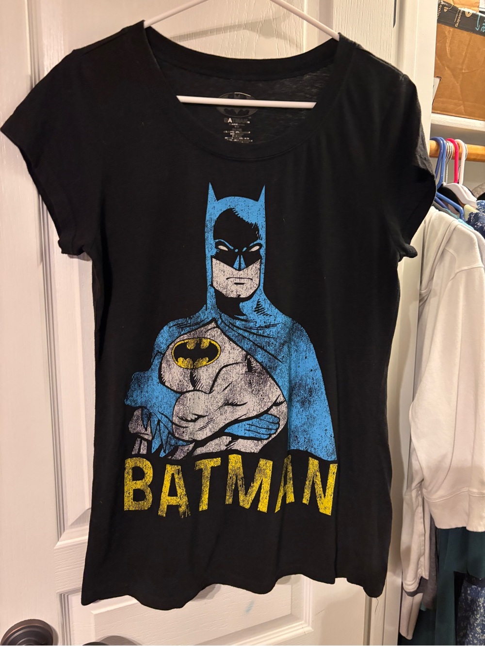 Black Batman Graphic Tee with Blue and Yellow Accents